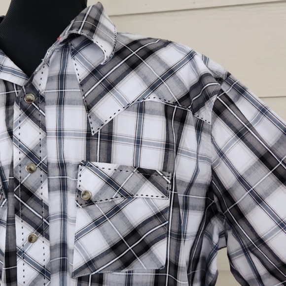 WRANGLER Western Snap Shirt Grey Plaid with Top Stitching (XL) - Picture 6 of 12
